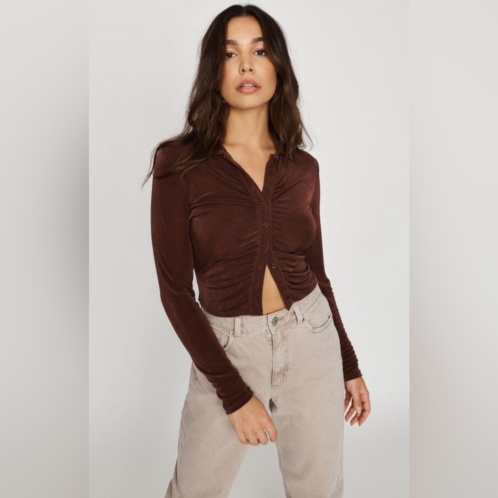GARAGE Daphne Long Sleeve Ruched Blouse Top Shirt Brown Women’s Size XL Like New